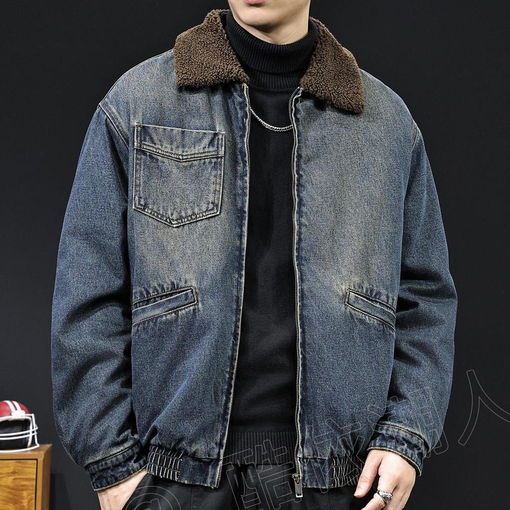 Men's 2025 Winter Lambswool Collar Denim Jacket - Thick, Warm, Cotton-Padded, Plus Size