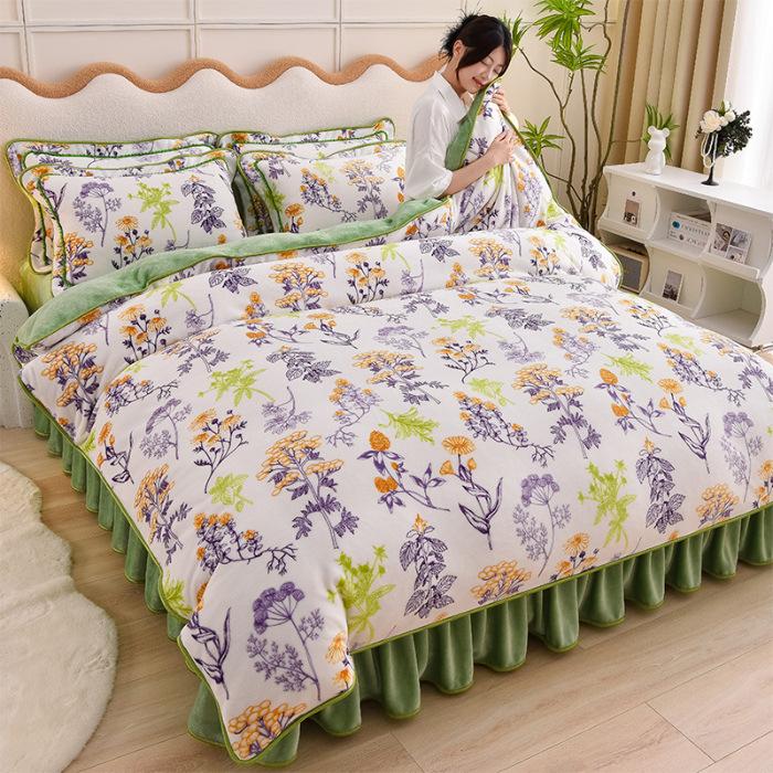 Thickened Milk Fleece Four-Piece Warm Double-Sided Coral Fleece Quilt Cover Flannel Sheet Bed Skirt Bedding