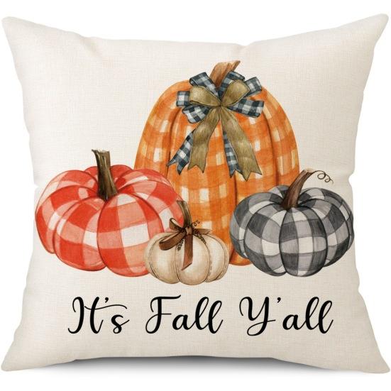 

Чехол на льняную подушку с оранжевым тыквенным принтом на День Благодарения и фруктами в черно-белую полоску
