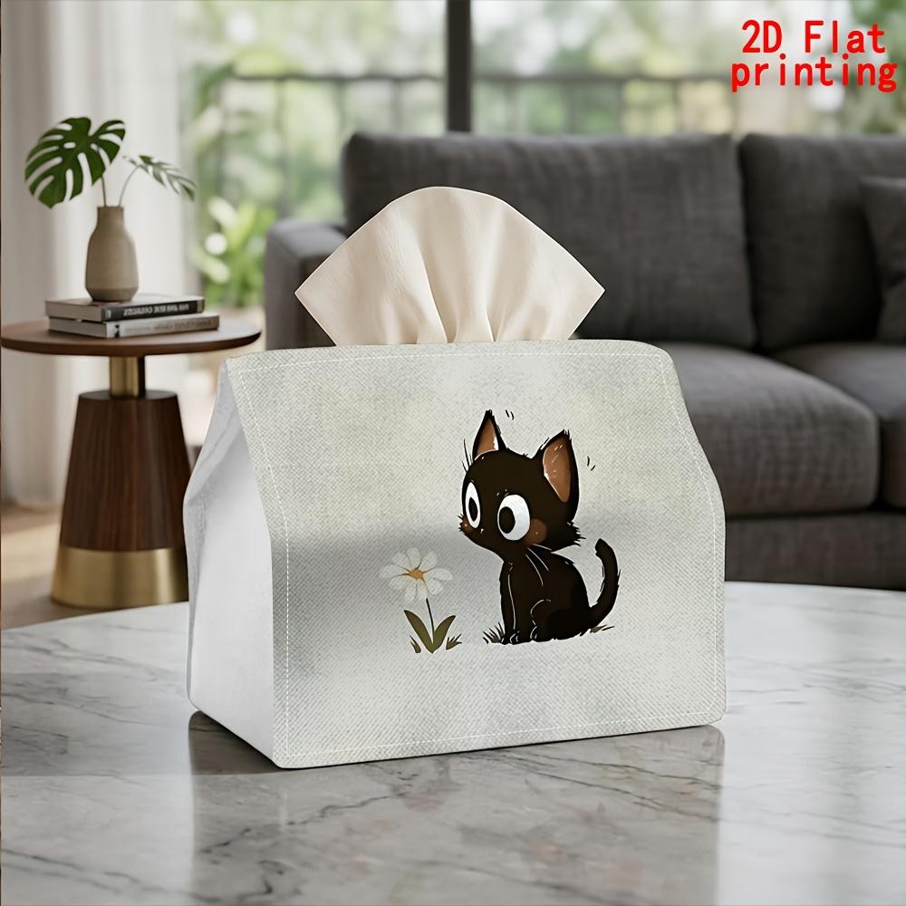 2D Flat 1pc, Tissue Box. Little Black Cat Looking at Flowers Pattern Napkin Dispenser Box, Reusable, Daily Desktop Tissue Storage Box, Suitable for Ki