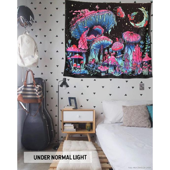 Onivein Blacklight Mushroom Tapestry Glow in the Dark Fantasy Plant Tapestry UV Reactive Moon Butterfly Frog Tapestries Poster Wall Hanging for