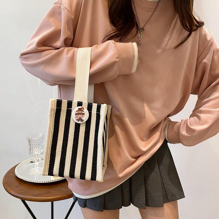 Stylish Colorful Striped Nylon Shoulder Tote Bag For Women Trendy Handheld Lunch Bag