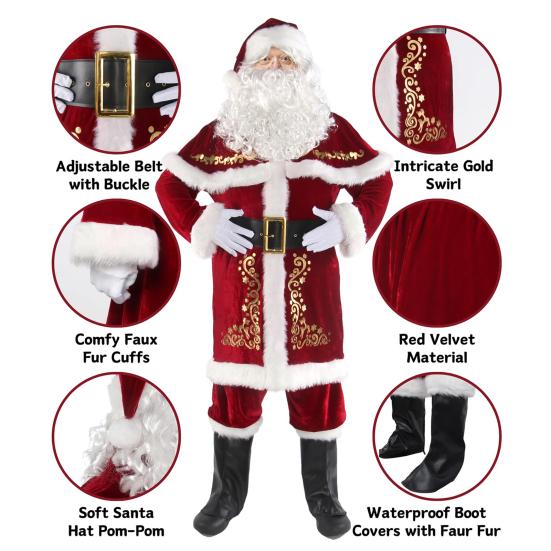 Santa Claus Costume Set Velvet Adult Suit Traditional Red Velvet Santa Ensemble Complete Accessories Performances Clothes
