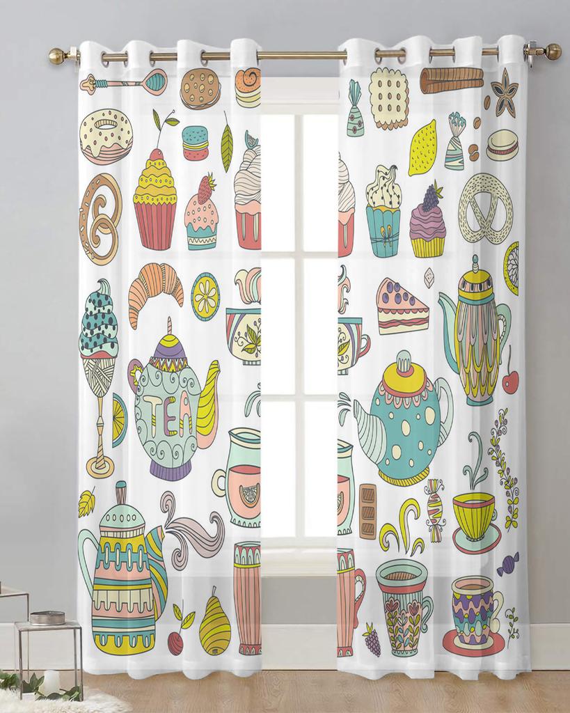 Teapot Pastry Fruit Teacup Flowers Sheer Curtains for Living Room Decoration Window Curtains Kitchen Tulle Voile Curtains