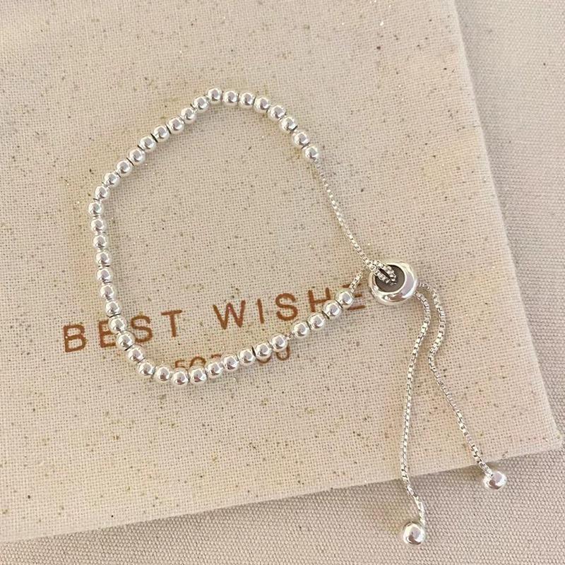 925 Sterling Silver Smooth Round Beads Bracelet For Women Vintage Simple Adjustable Classic Party Jewelry Gift