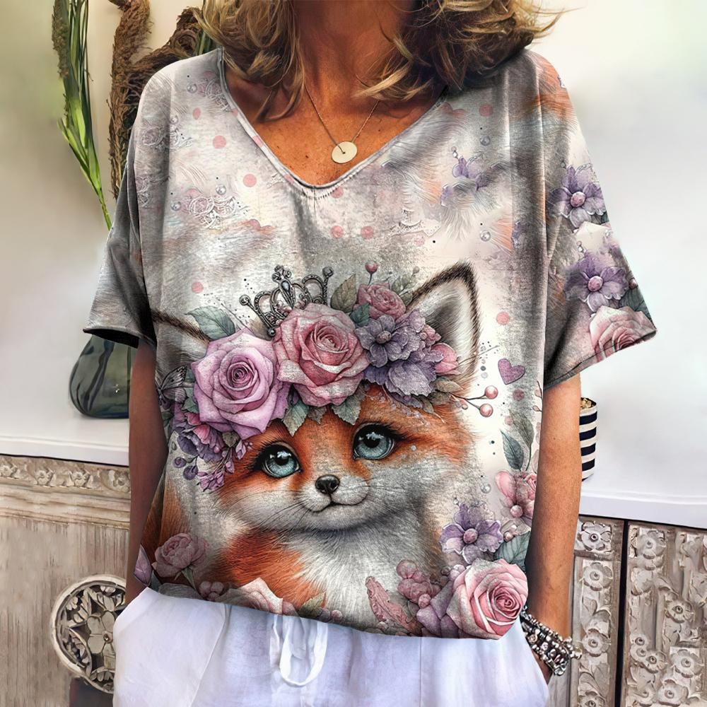 

Мультяшная футболка с 3D-принтом лисы, ретро с коротким рукавом и V-образным вырезом, Y2K животное, оверсайз Харадзюку, женская одежда XXXL