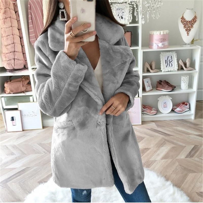 Womens Faux Fur Coat Plush Lapel Slim Fit Mid-Length Jacket Office Commute