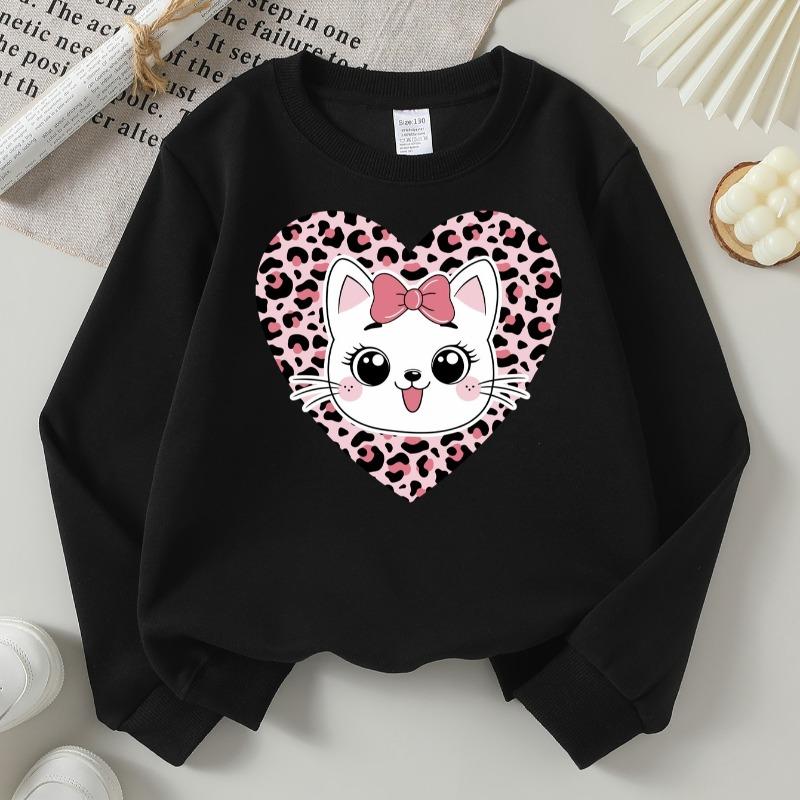 Kids Crewneck Long Sleeve Sweatshirt, Leopard Heart Background Cat Print 110