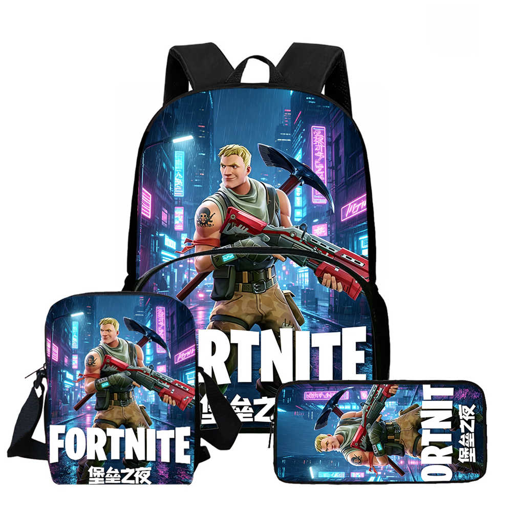 3Pcs Set School Backpack With Front Pocket & Crossbody Bag & Pencil Bag,Cartoon Fortnite For Age 6-10,Lightweight For Boys Girls