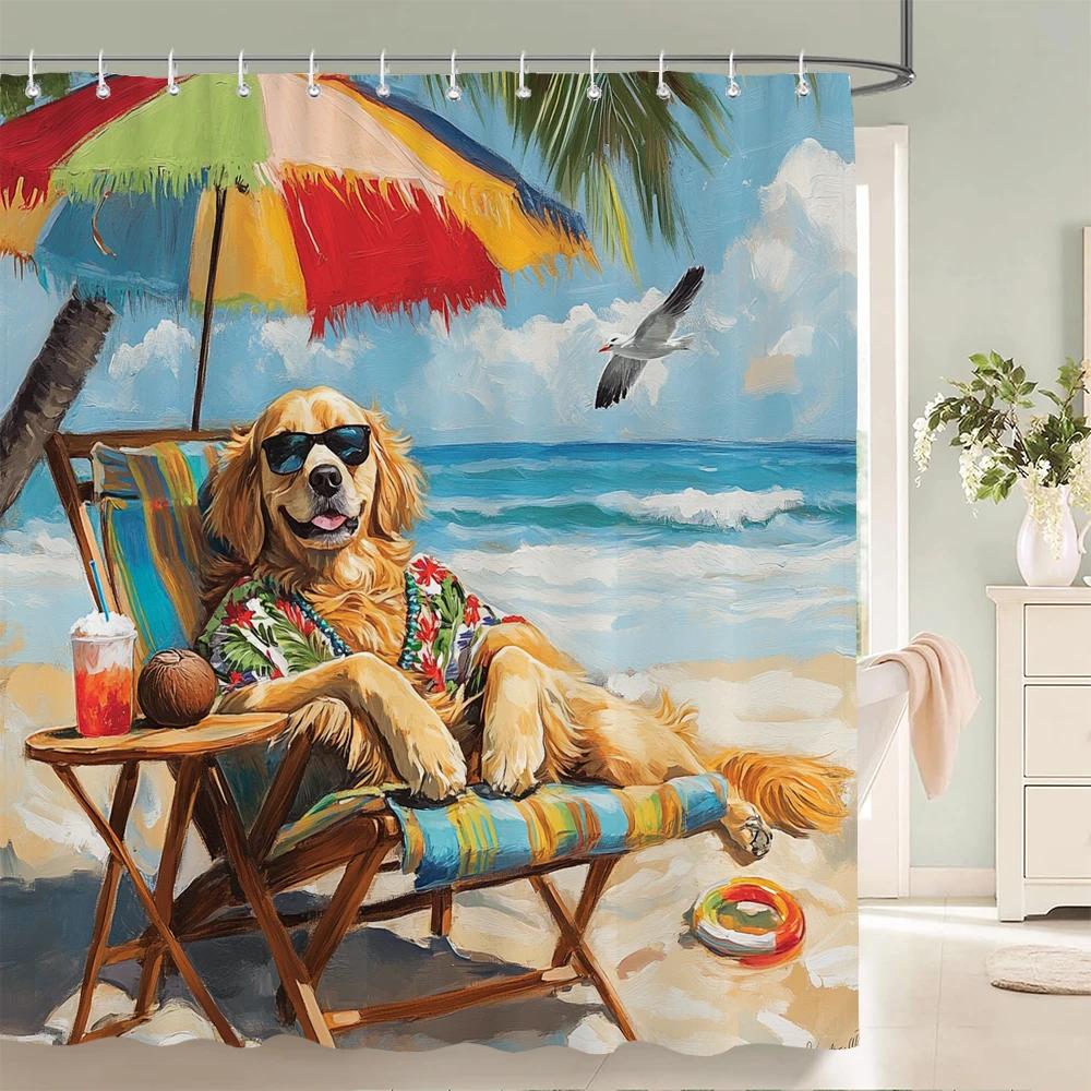 Funny and Creative Beach Cats and Dogs Fabric Shower Curtain Waterproof Polyester Bath Curtains for Bathroom Decorate with Hooks
