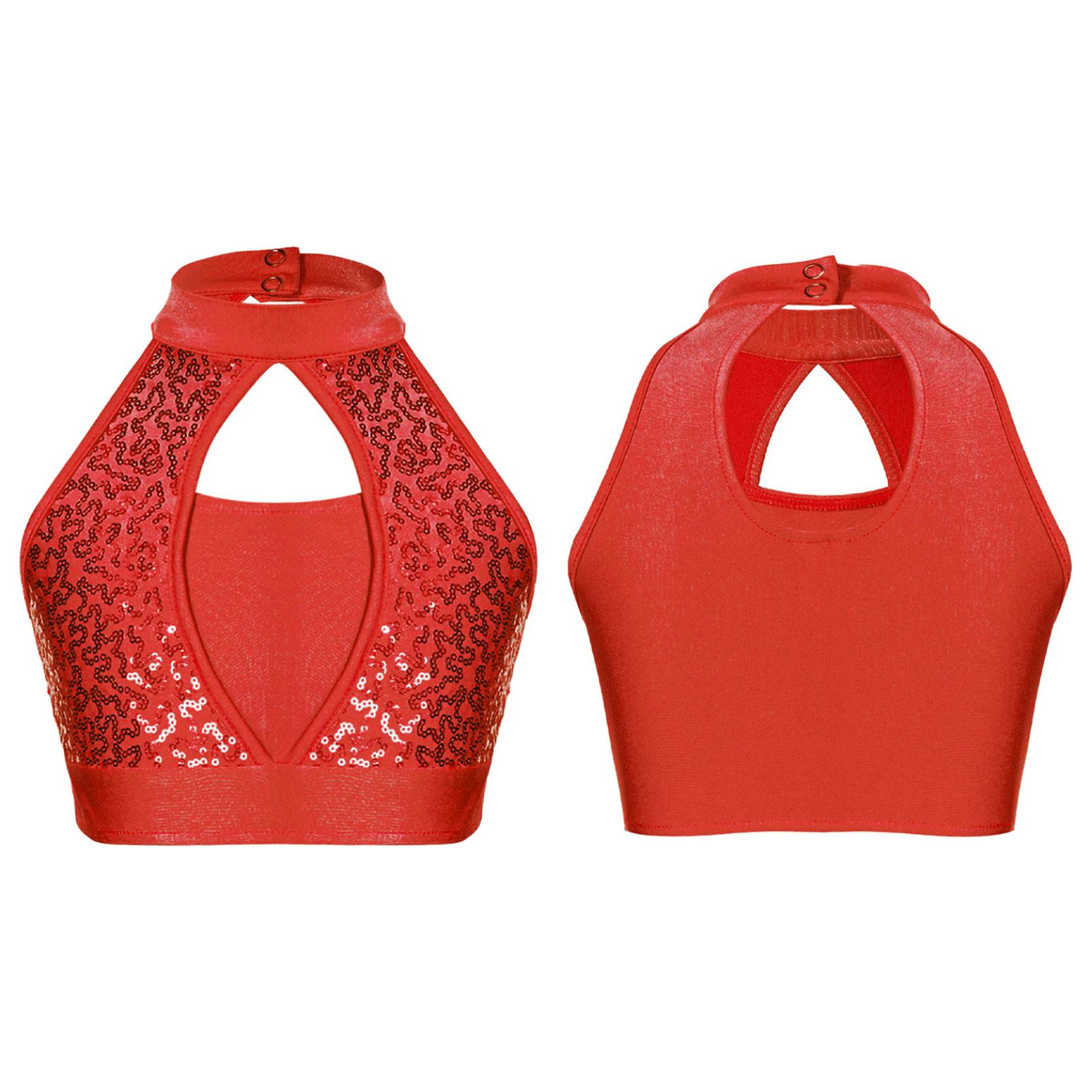 

Детский укороченный топ без рукавов с блестящими пайетками в стиле пэчворк для танцевального гимнастического костюма 5-6 Years красный