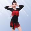 Womens Latin Dance Top With Fringe Rhinestone Embellishment Long Sleeve Modern Ballroom Costume