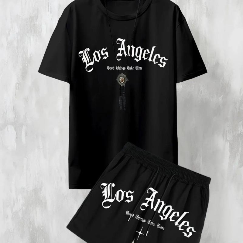 Neues Lässiges Herren-T-Shirt-Shorts-Set mit Los Angeles Buchstabenaufdruck, Bequem, für Draußen, Zweiteiliges Set