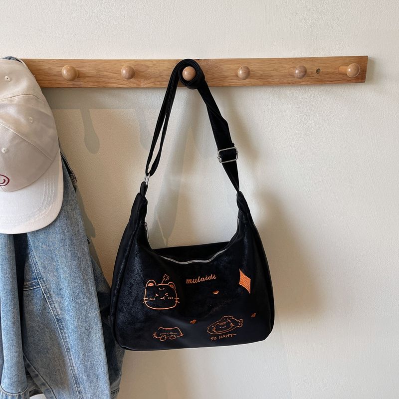 

K-style Crossbody Tote Bag Female 2025 New Arrival Tide Cat Embroidered Shoulder Bag Student Work Clothing All-Match Leisure Bag Black single pack