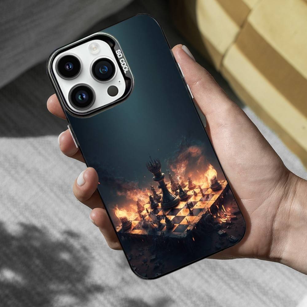 Chess Board Art Pieces Phone Case For iPhone 16,15,14,13,12,11,Mini,Pro,MAX Black Matte Shockproof Cover