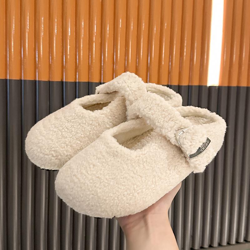 Fashion Rose Red Round Toe Lambswool Ballet Flats Woman Warm Teddy Fur Mary Jane Shoes Ladies Brand Design Winter Fluffy Mule Slippers