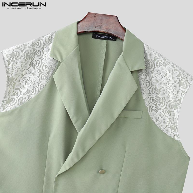 INCERUN Vestă lungă casual subțire fără mâneci cu rever și patchwork de dantelă pentru bărbați