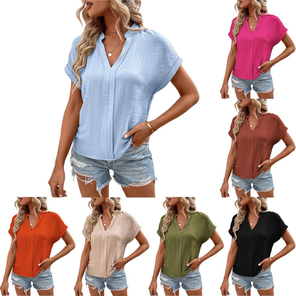 Women’s Short Sleeve Blouse Casual Loose Fit V Neck Top Lightweight Soft Fabric Summer Basic Shirt for Daily Wear