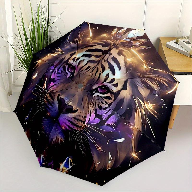 1pc Majestic Tiger with Crystal Crowns Pattern Umbrella, Fashionable, Personalized, High-Value Folding Umbrella, a Must-Have for Summer, 8-Rib Du