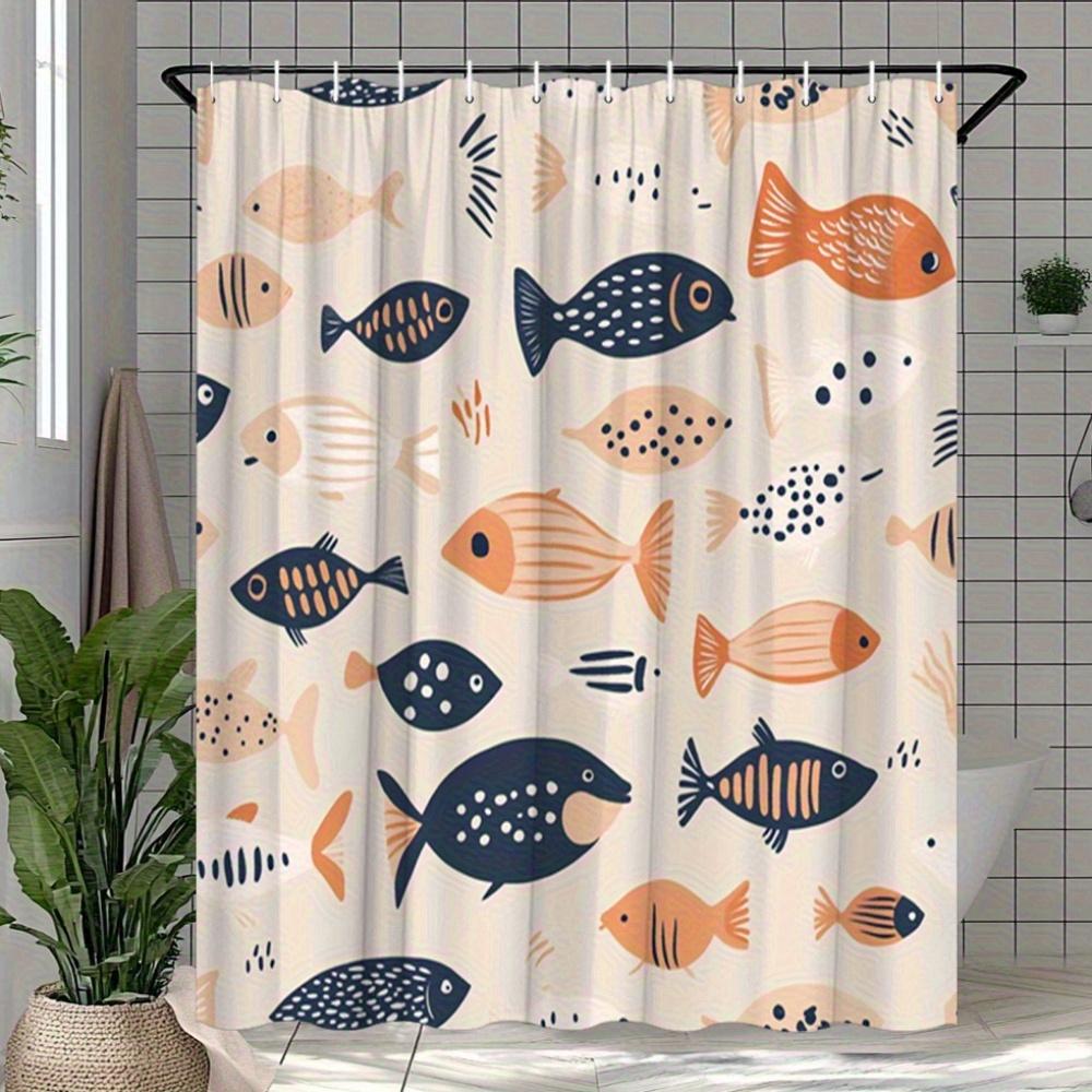 Fish Shower Curtain Cartoon Fish In Beige, Blue & Orange, Whimsical Ocean Pattern Bath Curtain For Kids And Modern Home Decor