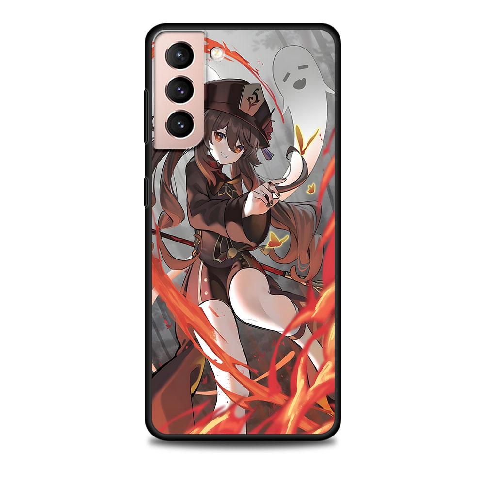 Hu Tao Genshin Impact Case for Samsung Galaxy S23 S10e S10 S21 FE S22 S9 S24 Ultra S20 Plus Soft Black TPU Phone Cover Bumper
