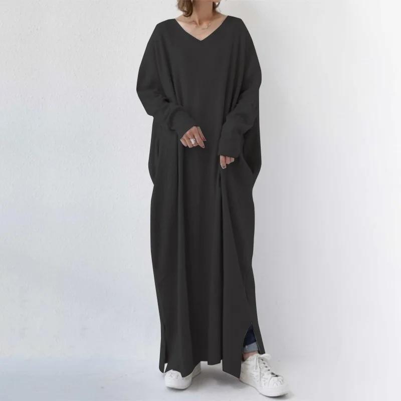Fashionable Knitted Long Sleeve V-Neck Dress Casual Women's Maxi Dress Rabbit Fur Material Loose Waist Ankle-Length Skirt