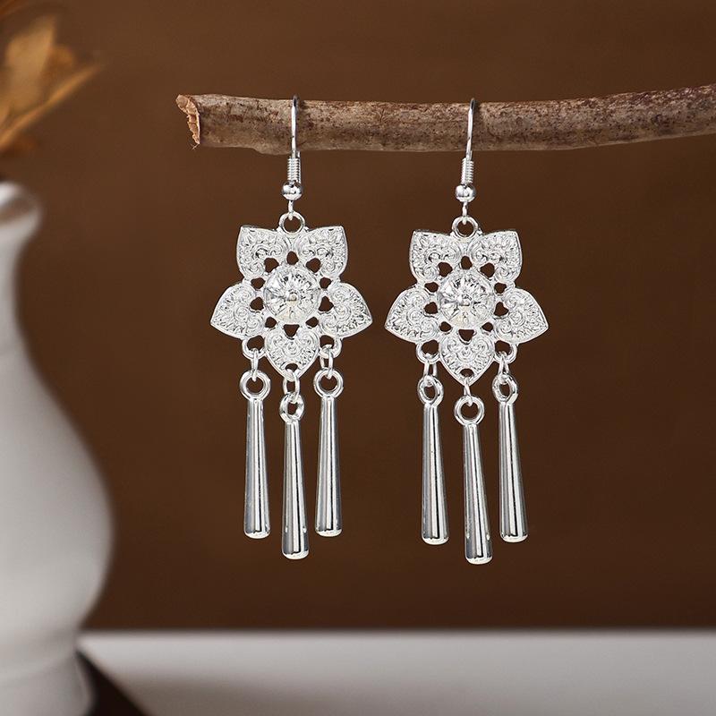 Imitation Miao Silver Earrings Retro Long Fringed Earrings Attractions Antique Earrings Miao Ear Jewelry Women