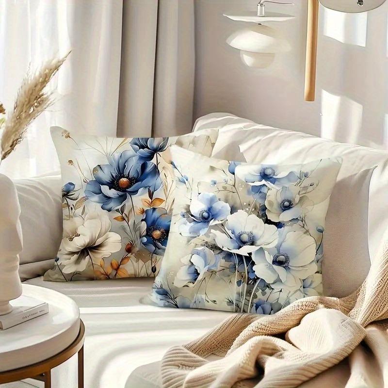 Weiche Blaue Anemone Aquarell Kissenbezug: Minimalistischer Kissenbezug mit floralem Thema für die Wohnzimmer-Sofa-Dekoration