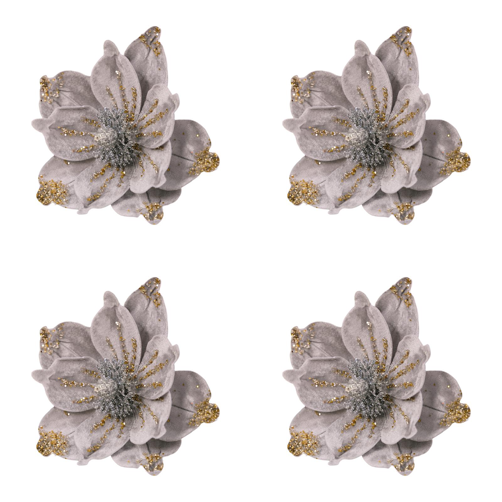 Gold Glitter Christmas Floral Decorations 4pcs Set for Tree and Wreath Arrangements with Soft Flannelette Material and Wire Base серый