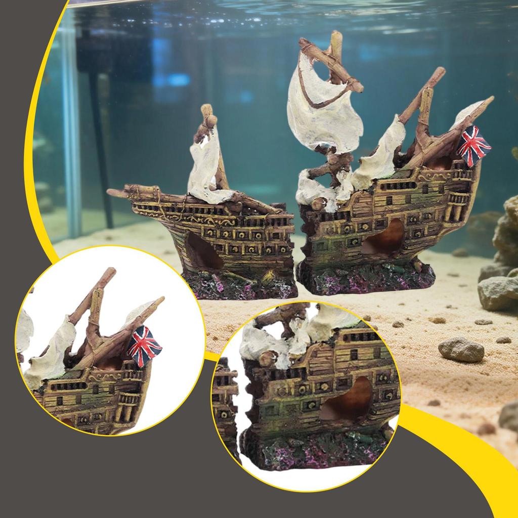 Resin Aquarium Hideout Sunken Ship Playground Ornament for Freshwater Saltwater Tanks and Reptile Habitat
