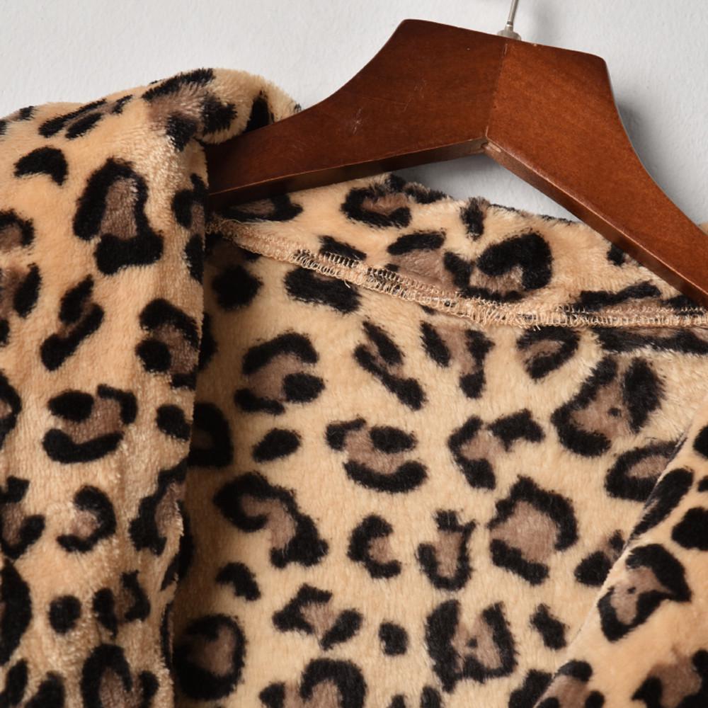 Womens Rabbit Villi Autumn Winter Long Sleeve Leopard Print Fashion Pocket Coat