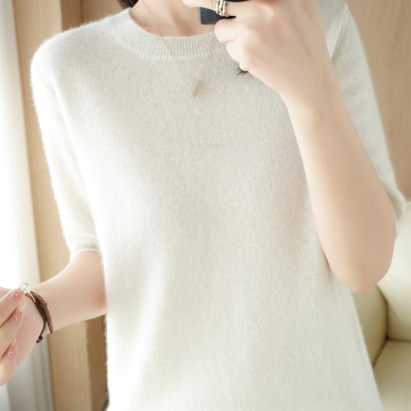 Women's Spring and Summer Short-sleeved Women O-neck Slim Pullover Vest T-shirt Knitted Base Sweater