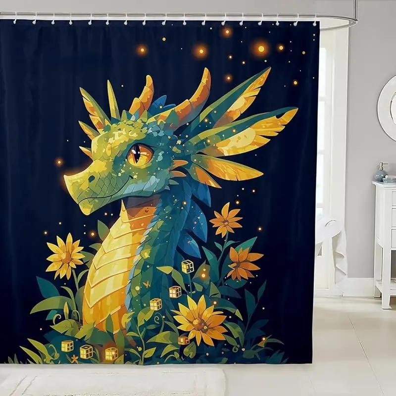 Elegant Oriental Dragon & Floral Bath Curtain - High-Quality Waterproof, Mildew-Proof Bathroom Decor, Traditional Artistry Touch