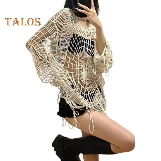 Вязаный свитер с рисунком паутины кисточками и кромкой ажурный стиль однотонный пуловер свободный крой длинный рукав свитер пальто S абрикосовый 2570₽