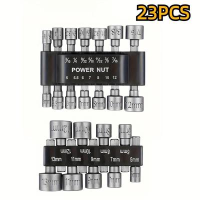 "23pcs Power Nut Driver Drill Bit Set with 1/4"" Hex Shank - CRV Steel, Industrial Grade Tools for Screwdriving & Socket Use