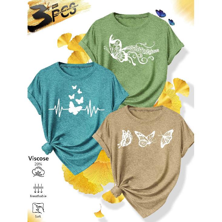 Ladies T Shirt Matching outfits for groups of friends and sisters3Pieces Heartbeat Butterfly Notes Minimalist Hollow White Line Print Elegant retro