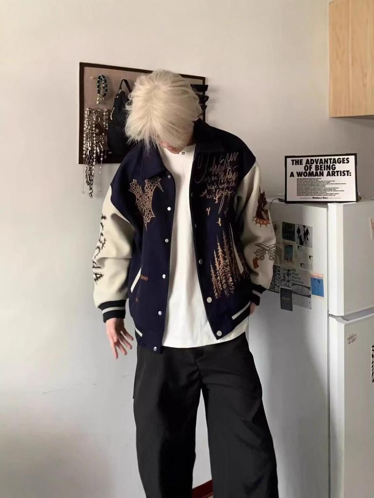 Guochao Men's Heavyweight Embroidered Baseball Jacket - Autumn/Winter Versatile High Street Outerwear
