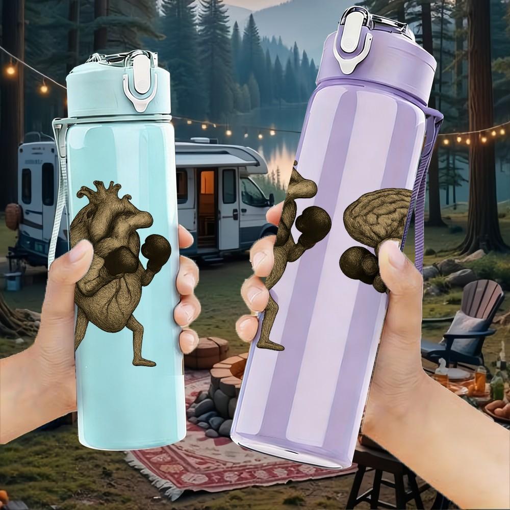 1PC Brain Boxing Challenge Cartoon 750ml Color Plastic Sports Water Bottle Leakproof Flip Straw Lid Suitable for Sports Office Home Use