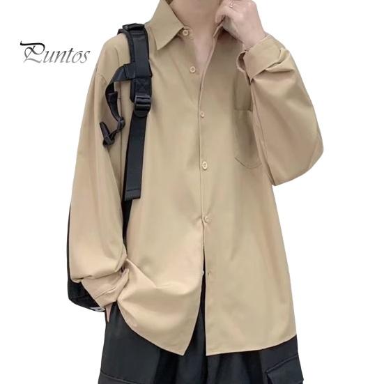 

Мужская рубашка весна-осень с отложным воротником свободного кроя в стиле ретро в японском стиле, однобортная, с длинными рукавами, однотонная, средней длины, для молодежи, для официальных деловых мероприятий L хаки