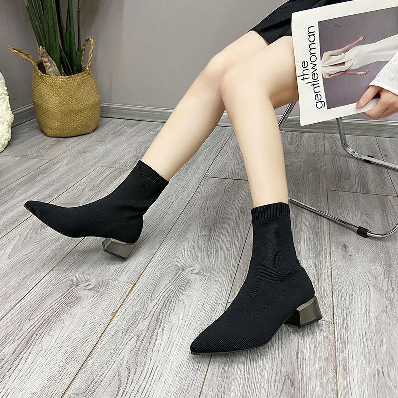 Knitted thin boots fly-woven elastic socks boots black women's shoes 2025 new autumn and winter pointed large size thick heel short boots women