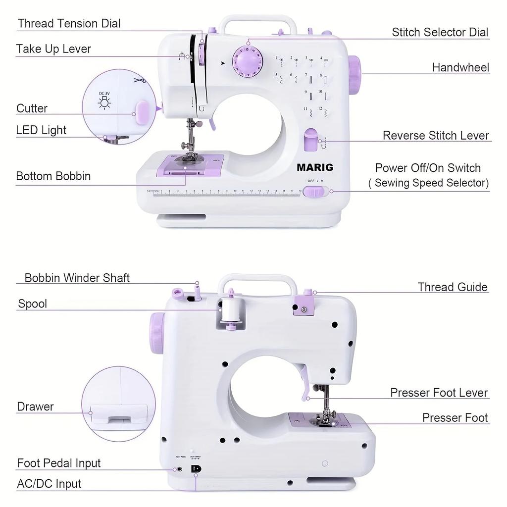 Portable Electric Sewing Machine Pro 12 Stitch Patterns, Adjustable 2-Speed, Overlock Feature, with Foot Pedal