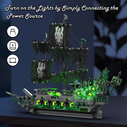 JMBricklayer Piratenschiff Bausteine Set mit Lichtern, Flying Dutchman Geisterschiff, Piratenschiff Modell, 40001, für Erwachsene, Schiffsmodell, Bauspielzeug,