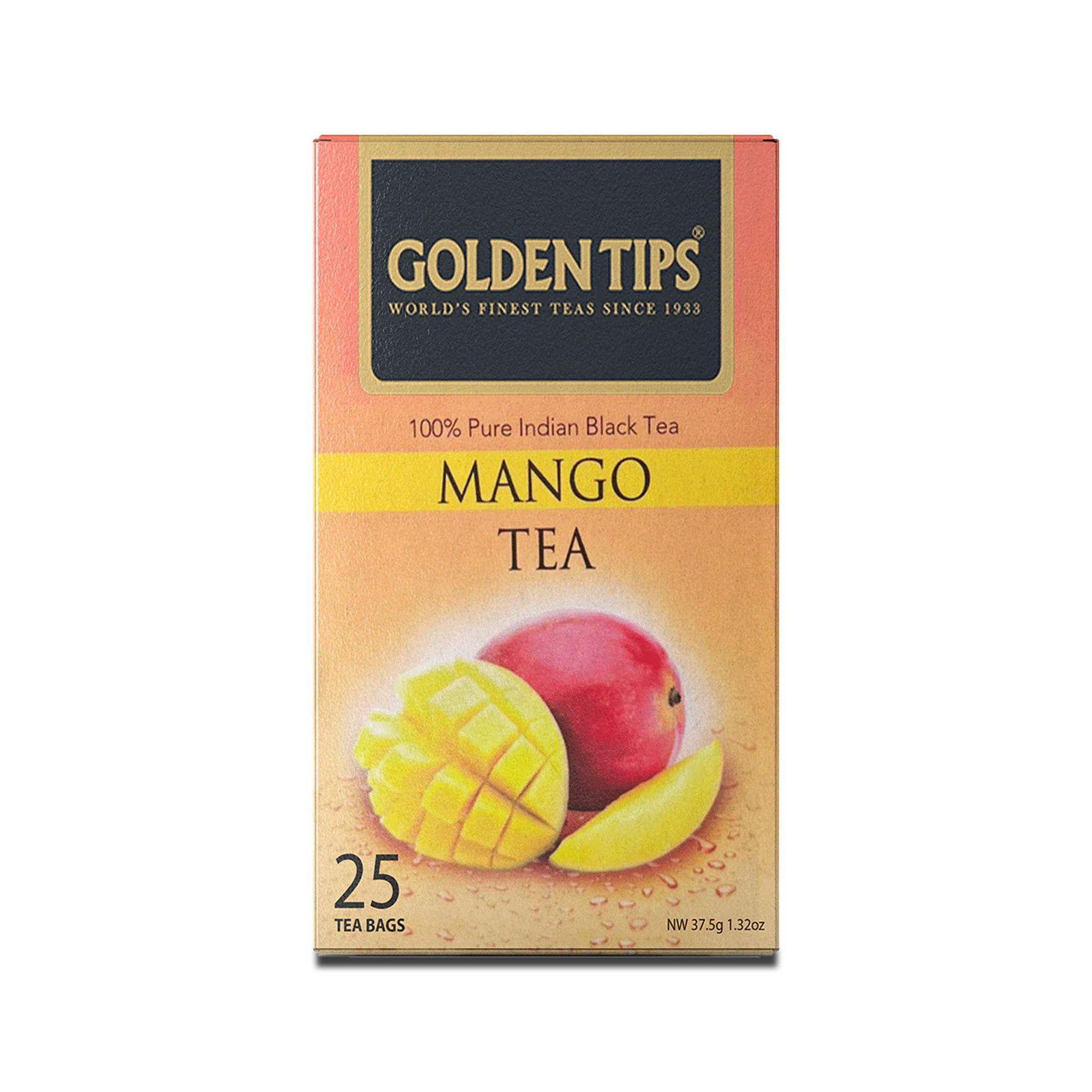 Golden Tips Indian Mango Black Tea, 25 Teabags, High Grown Full Leaf Black Tea, Rich & Natural Mango Flavor, Bold & Aromatic, Energizing &