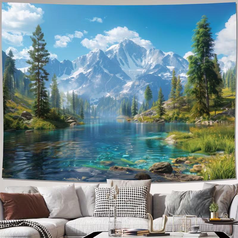 2D Party Backdrop Nature Landscape Tapestry, Serene Mountain Lake and Forest Scene