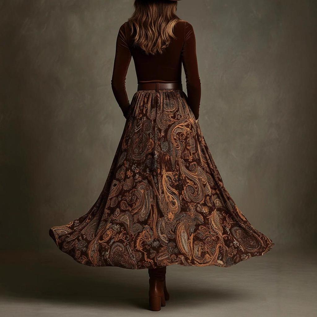 2025 European & American Slim Fit Top & Elegant Retro Print Long Skirt Set with Belt