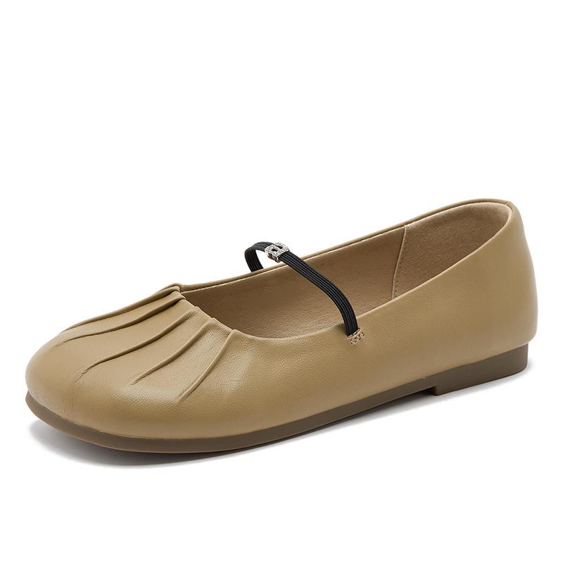 

Vintage round head pleated soft leather grandma shoes one-word buckle Mary Jane shoes women s shoes versatile soft flat single shoes women 40