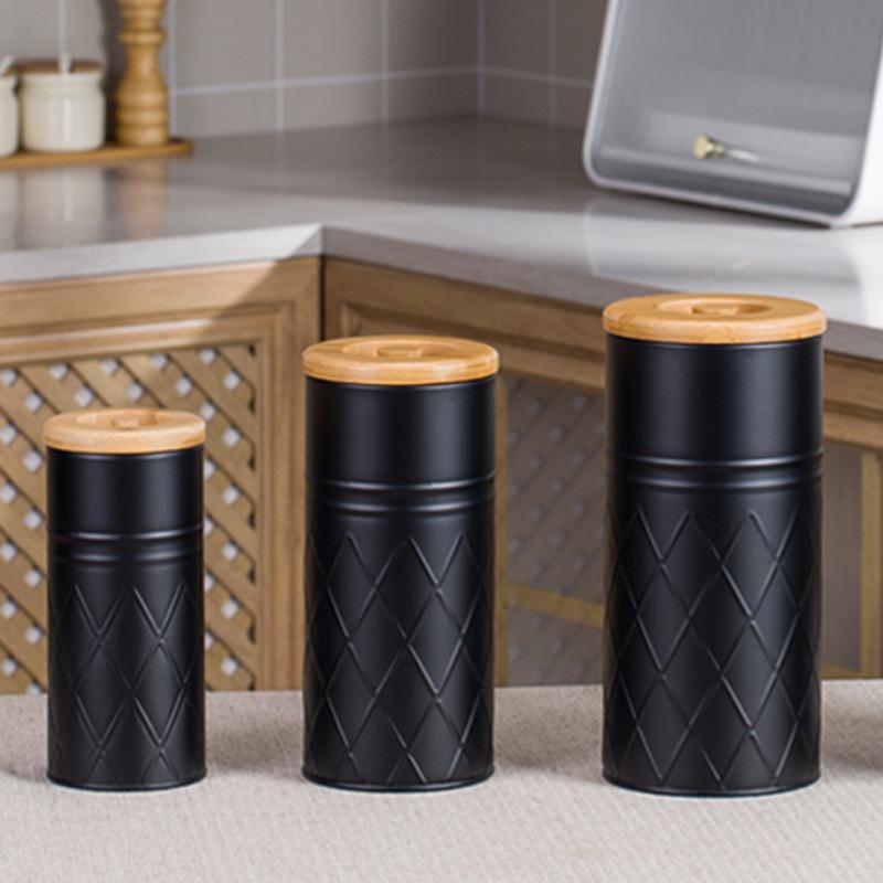 

Set Bamboo cover storage bucket Food grade storage box Kitchen coffee tea bag Candy reticulated metal sealed jar