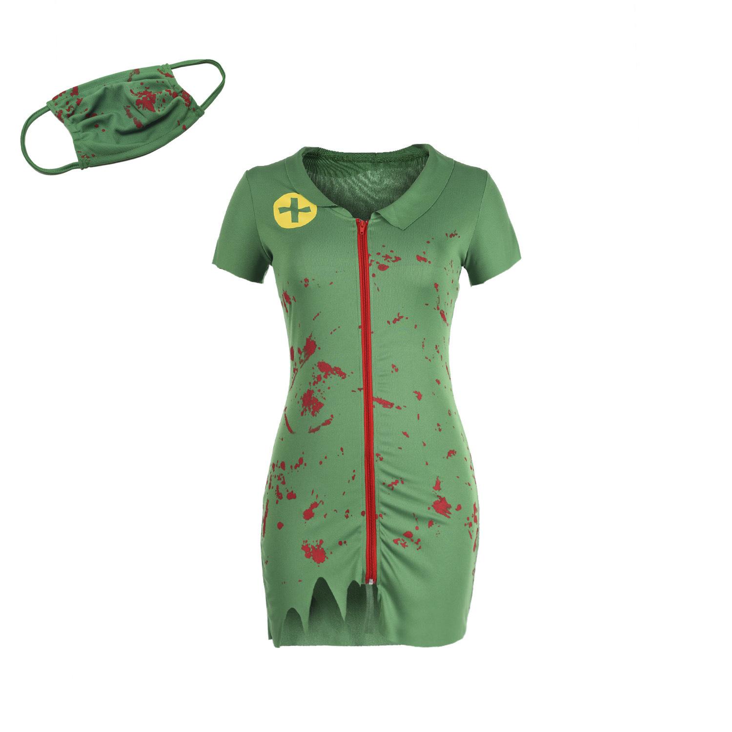 Хэллоуин Кровавый Террор Зомби Костюмы Медсестры Сексуальное Зеленое Платье Для Косплея — фото 7