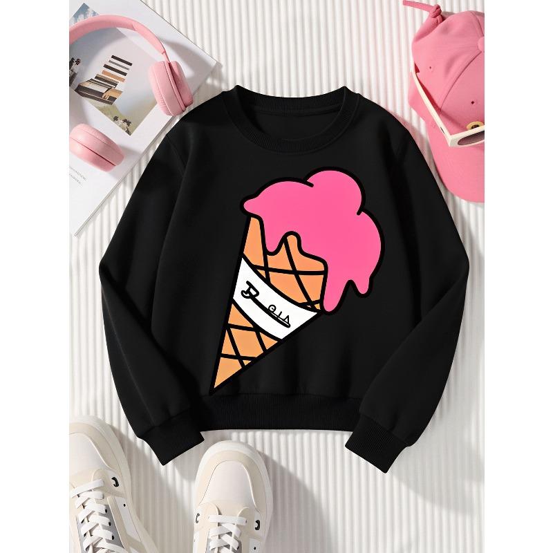 European sizes Girls Soft Crewneck Sweatshirt Pink Ice Cream Cone with Waffle Pattern, Casual All-Match, Ideal Holiday Present