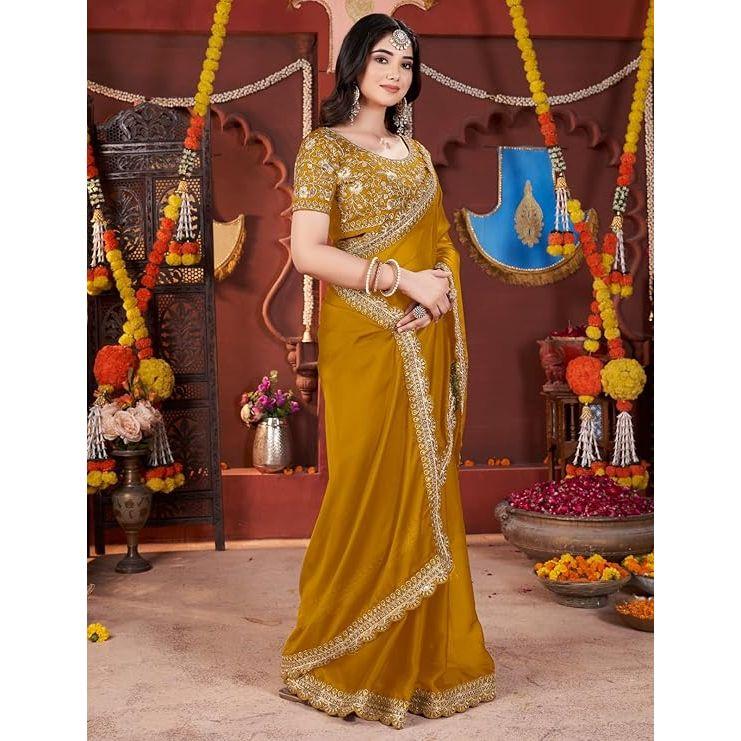Elegante Designer-Sarees für Damen Premium Rangoli-Stoff mit verziertem Rand, Leichte und stilvolle ethnische Kleidung - Perfekt für Partys,